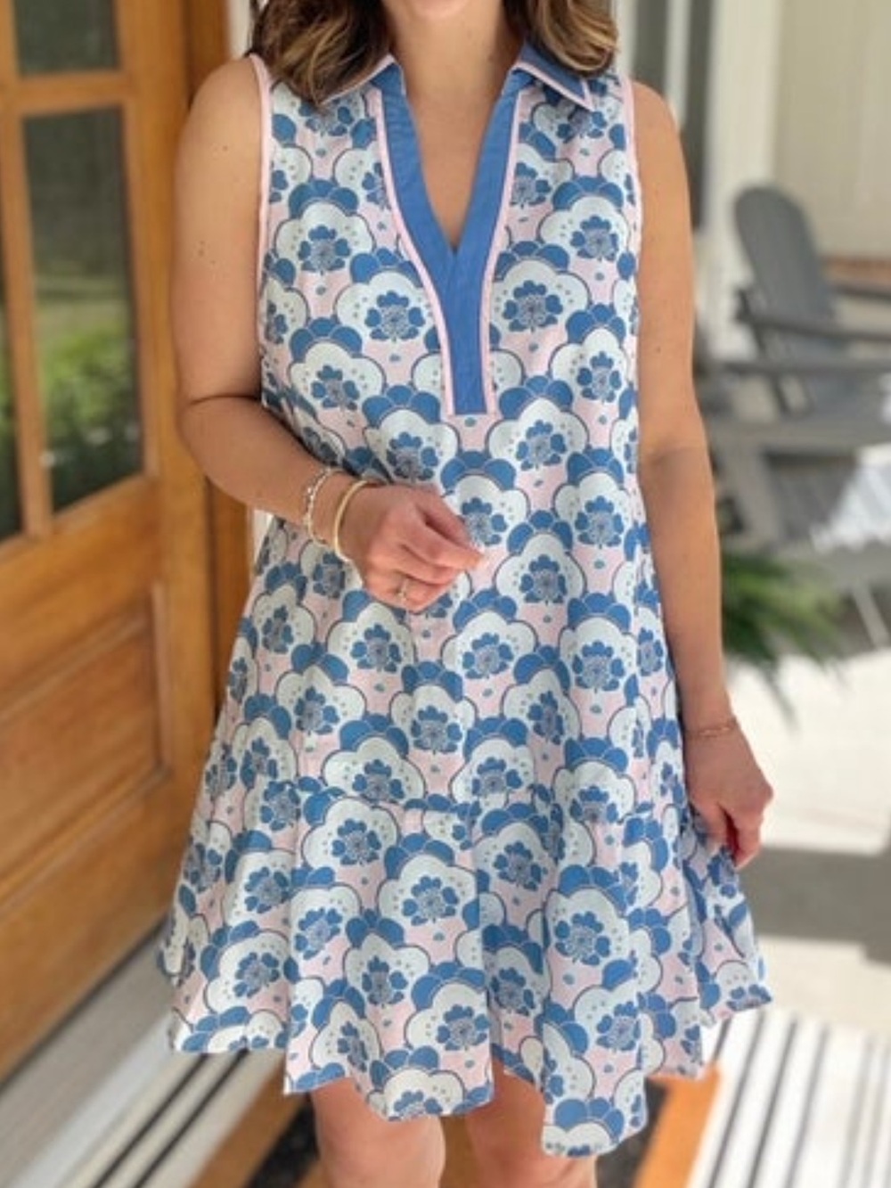 Sleeveless Floral A-Line Dress in Blue and Pink